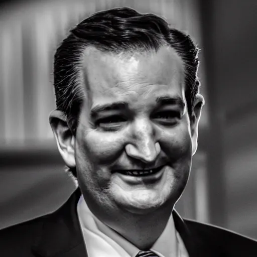 Image similar to Ted Cruz with a wide grin peaking through a door in the distance, black and white, creepy lighting, scary, horror, ornate, eerie, fear