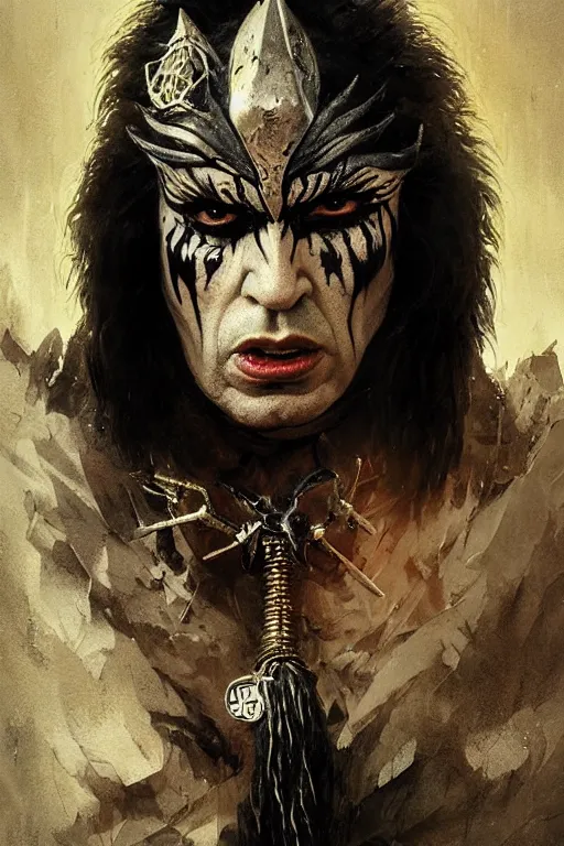 Image similar to gene simmons, sorcerer, lord of the rings, tattoo, decorated ornaments by carl spitzweg, ismail inceoglu, vdragan bibin, hans thoma, greg rutkowski, alexandros pyromallis, perfect face, fine details, realistic shaded