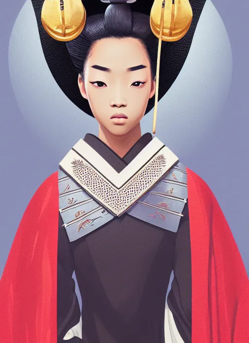 Prompt: attractive female portrait of african samurai, wearing robe, rule of thirds, uplight, intricate, symmetrical!!, depth of field, cinematic, filmic, vsco, concept art, artstation, digital painting, elegant, model, gorgeous, adobe, vouge, kodak, magazine cover, art by hayao miyazaki and masashi ando