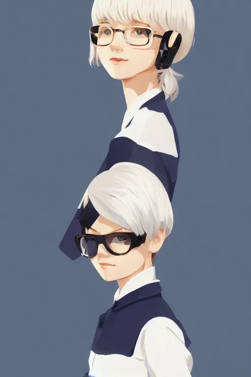 Image similar to a cute girl with shoulder - length white short hair wearing school uniform, mauve background, white hair, dark blue clothes double ball head, sharp focus, pure background color, illustration, morandi color scheme, art station, by ilya kuvshinov