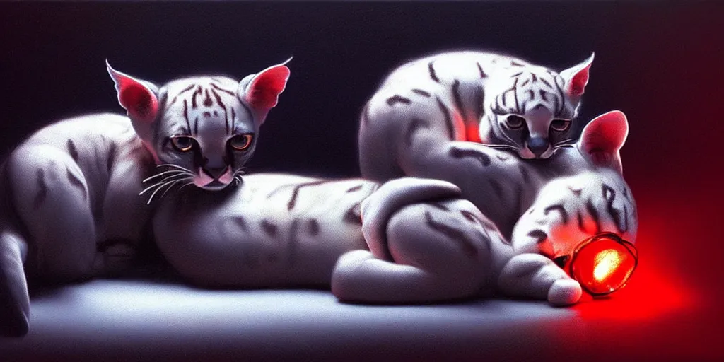 Prompt: ocelots in love, in the style of gottfried helnwein, high contrast chiaroscuro intricate composition, blue light by caravaggio, insanely quality, highly detailed, masterpiece, red light, artstation