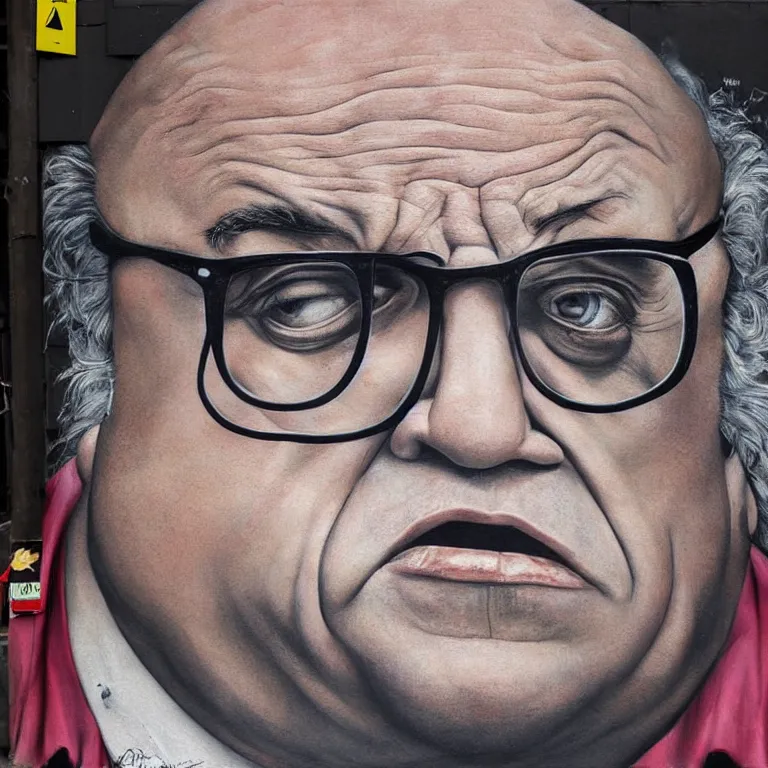 Prompt: Street-art portrait of Danny DeVito in style of Etam Cru, photorealism