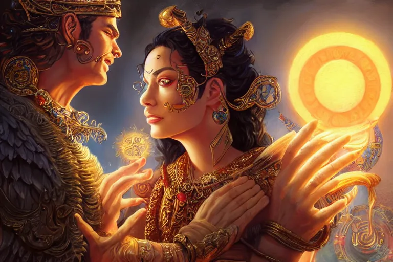 Image similar to close up moment of a divine a sun god and a moon goddess lovers magician at a wedding banquet, highly detailed, d & d, fantasy, highly detailed, digital painting, trending on artstation, concept art, sharp focus, illustration, art by artgerm and greg rutkowski and magali villeneuve