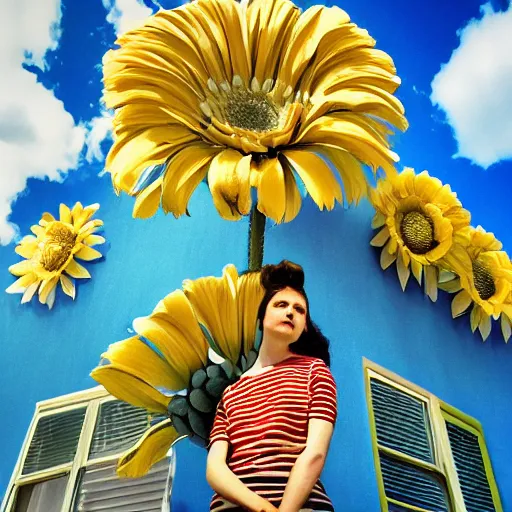 Image similar to giant flower head, girl standing by 1 9 6 0 window, surreal photography, symmetry, mid century, flat perspective, bright colours, blue sky, realistic, wes anderson