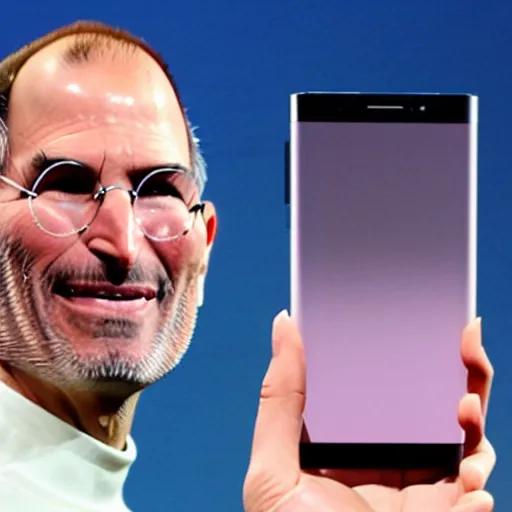 Image similar to steve jobs at a samsung conference presenting a new cell phone, symmetry, hyper realistic, photorealistic, cinematic