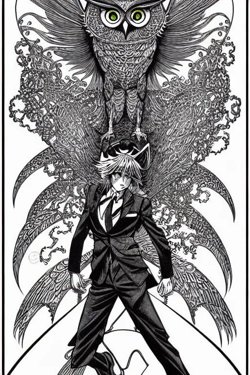 Image similar to illustration of a fire breathing owl in a suit, intricate linework, in the style of moebius, ayami kojima, 1 9 9 0's anime, retro fantasy