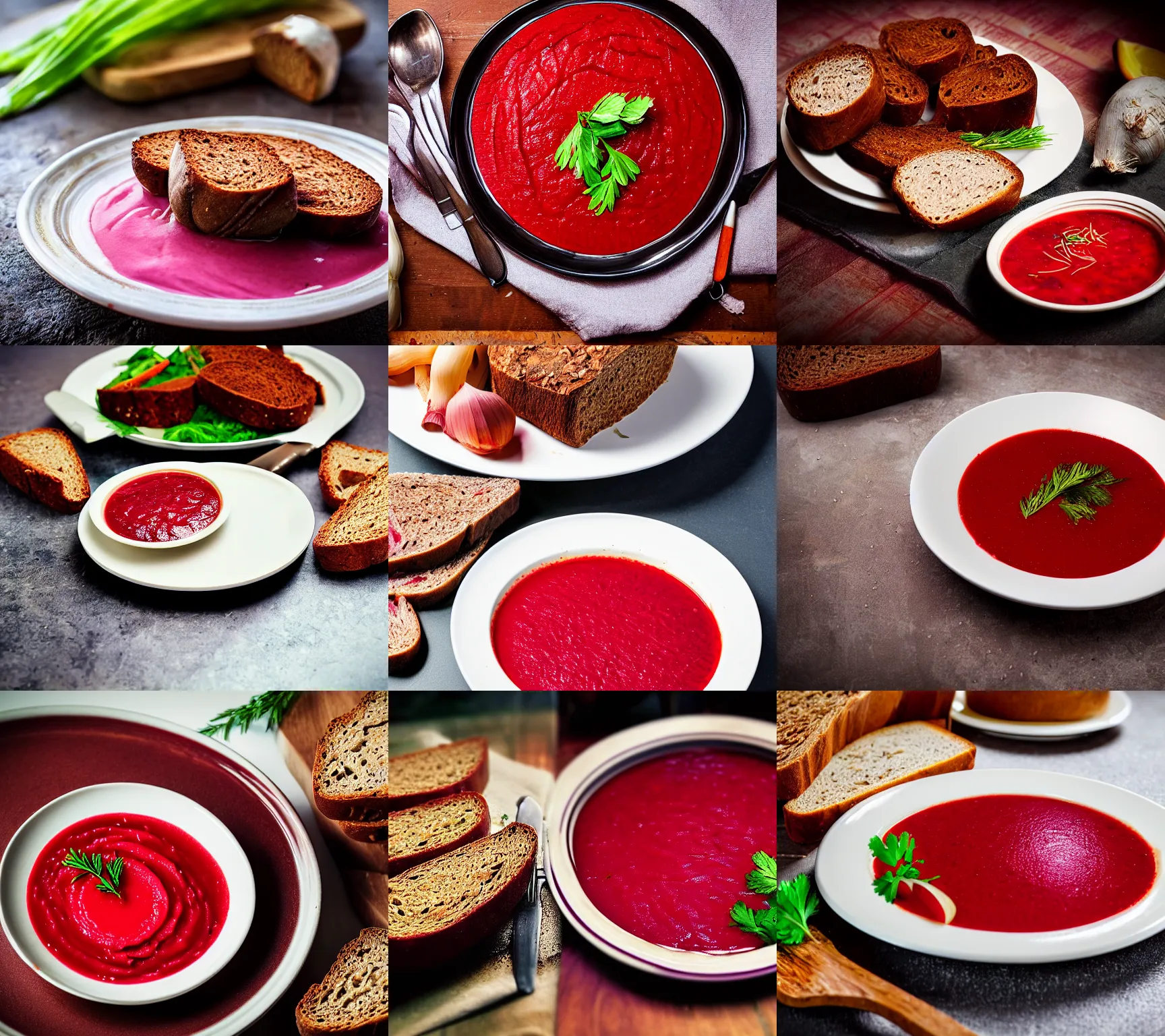 Prompt: plate of borscht, brown bread with sliced salo, hyper realistic, extremely detailed, foodphoto, photorealism, garlic on background, side view, bokeh, epic lightning, yamy!!