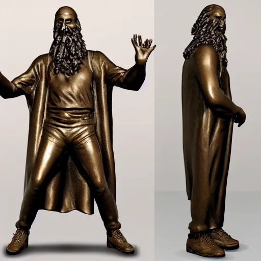 Image similar to a bronze statue of a bearded wild man in a cape playing a moog system 5 5 modular synth made of bronze, 8 k, unreal engine,