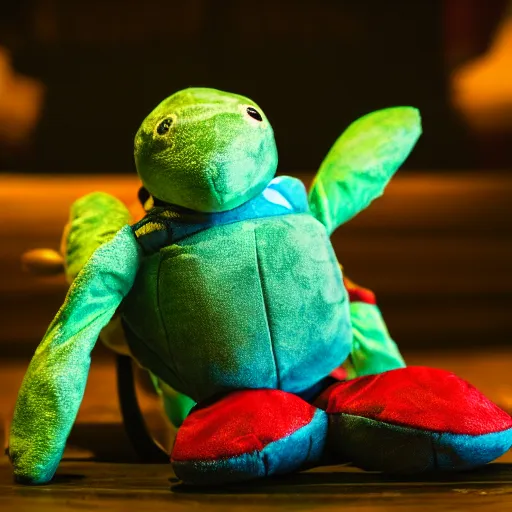 Image similar to a photograph of a turtle plush toy, he is happily playing drums, vivid color, 50mm, depth of field