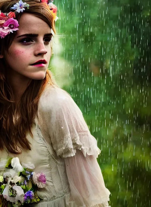 Prompt: Emma Watson for Victorian Secret, perfect face, hot summertime hippie in the rain, psychedelic Wedding Dress, full length shot, XF IQ4, 150MP, 50mm, f/1.4, ISO 200, 1/160s, natural light, Adobe Photoshop, Adobe Lightroom, DxO Photolab, Corel PaintShop Pro, rule of thirds, symmetrical balance, depth layering, polarizing filter, Sense of Depth, AI enhanced