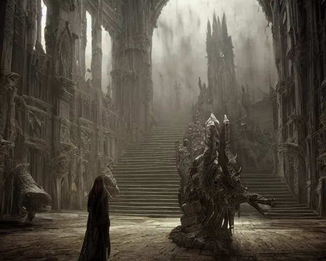 Prompt: king of the wolves - fantasy, inside the king's hall wolves and their treasures, ethereal, ominous, misty, 8 k, by h. r. giger and greg rutkowski, the last guardian by fumito ueda - elden ring