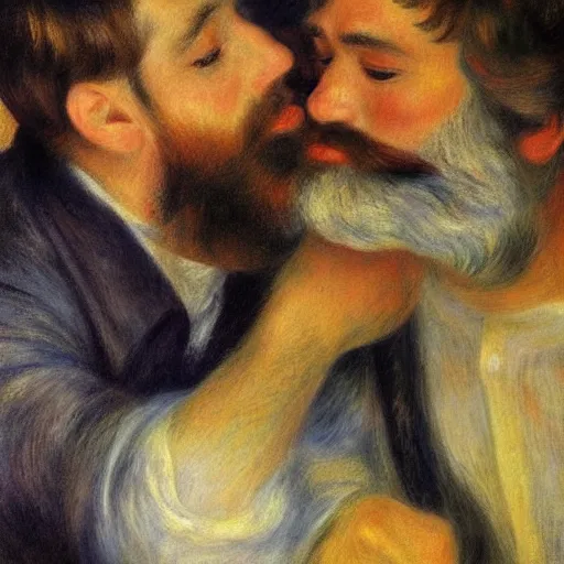 Image similar to art by renoir, bearded man kissing bearded man