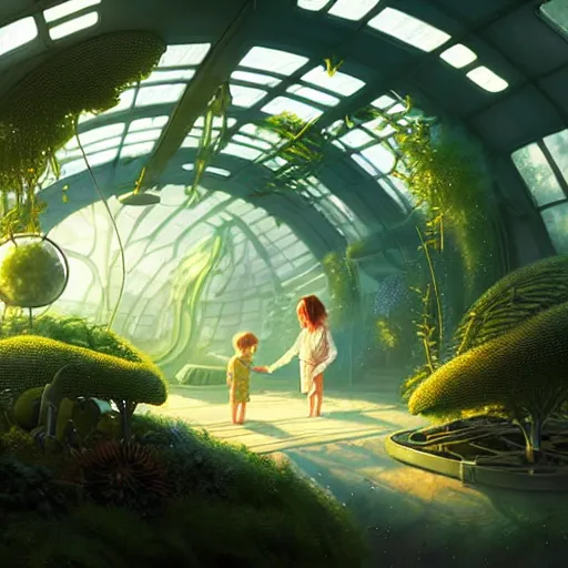 Image similar to , little child and grandma in sci - fi green house, spaceship, plants, stephen bliss, misty, unreal engine, pixar, fantasy art by greg rutkowski, loish, ferdinand knab, and lois van rossdraws, global illumination, radiant light, minimalist, detailed and intricate environment