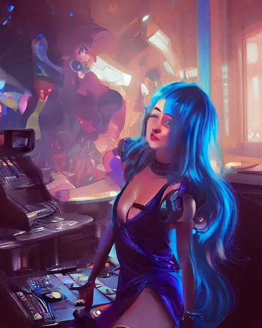 Image similar to pretty girl with blue hair, dj girl, in a club, laser lights background, sharp focus, digital painting, 8 k, concept art, art by wlop, artgerm, greg rutkowski and alphonse mucha