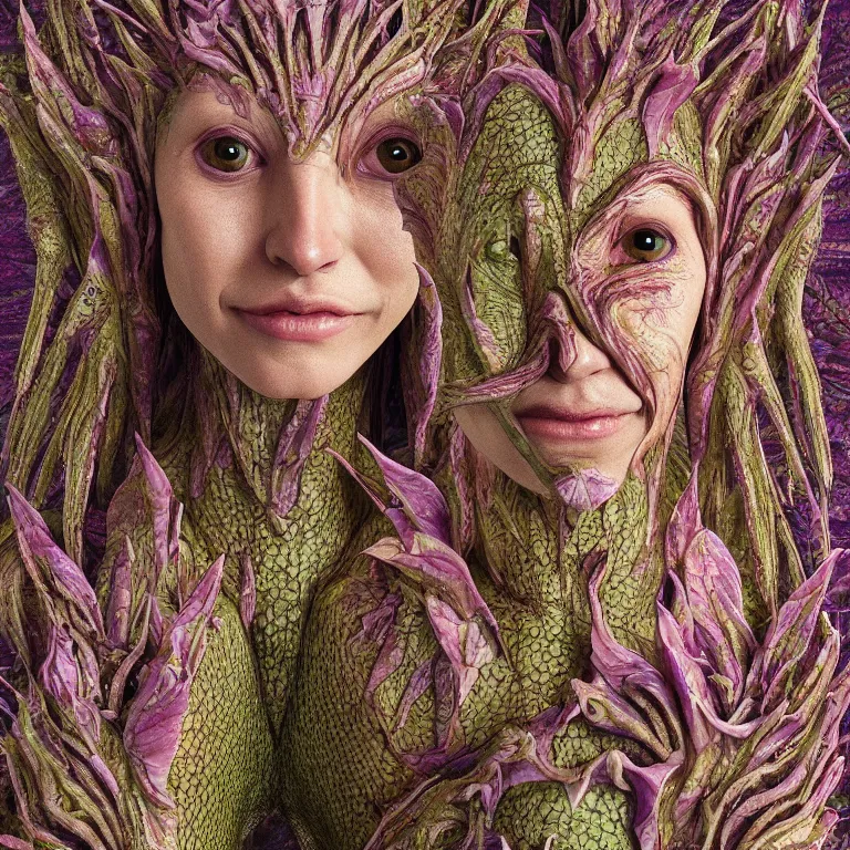 Prompt: a grinning alien girl with reptile skin, plant patterns, her face looks like an orchid, she is the center of the garden, jan van eyck, ernst fuchs, egon schiele, trending on artstation, 8 k, award winning, facial symmetry, iris van herpen