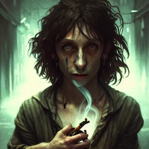 Image similar to Drug addict hobbit with crazy eyes smoking in a dark alley, ultra realistic, concept art, intricate details, dark, highly detailed, photorealistic, octane render, 8k, unreal engine, art by artgerm and greg rutkowski and alphonse mucha