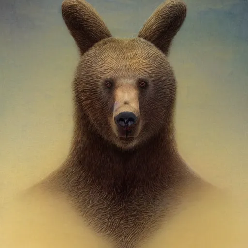 Image similar to bear rabbit hybrid character portrait by jean delville, tom bagshaw, makoto shinkai, gustave dore and marco mazzoni, studio ghibli style, porcelain, histological, biology, zoology artificial intelligence, ebony, ivory, organic, detailed fur, intricate details