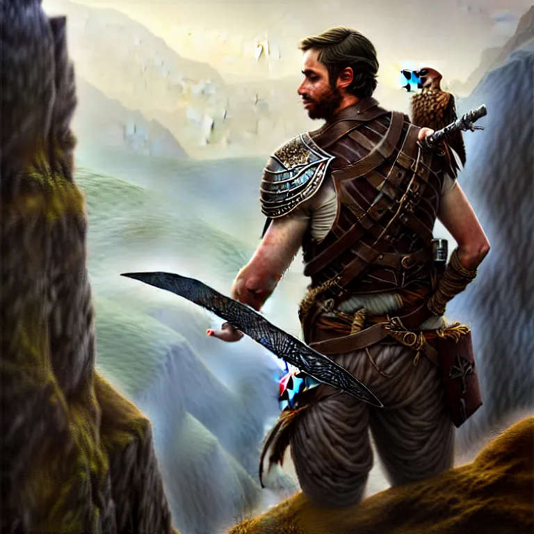 Image similar to middle d & d ranger with rugged expressions falcon pet on his shoulder holding a high detailed long sword, top a cliff observing old ruins of a castle, elegant clothing, photorealistic render, matte painting, highly detailed, artstation, smooth, sharp focus, art by michael whelan, artgerm, greg rutkowski, scrathed image