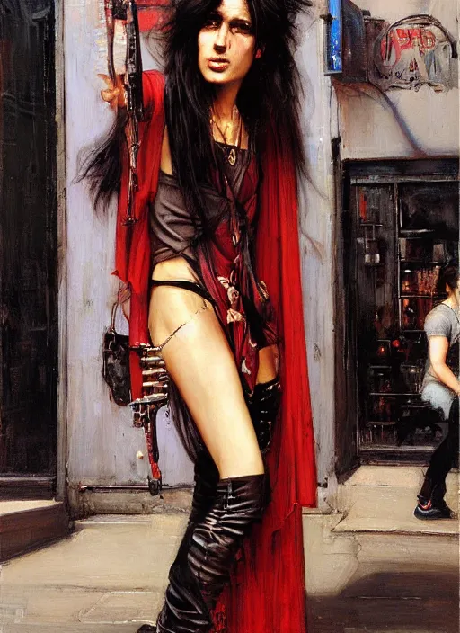 Image similar to androgynous glam rocker outside cbgb in the style of phil hale, sfumato Orientalist portrait by john william waterhouse, moebius oil on canvas. Cinematic, hyper realism, realistic proportions, dramatic lighting, high detail 4k