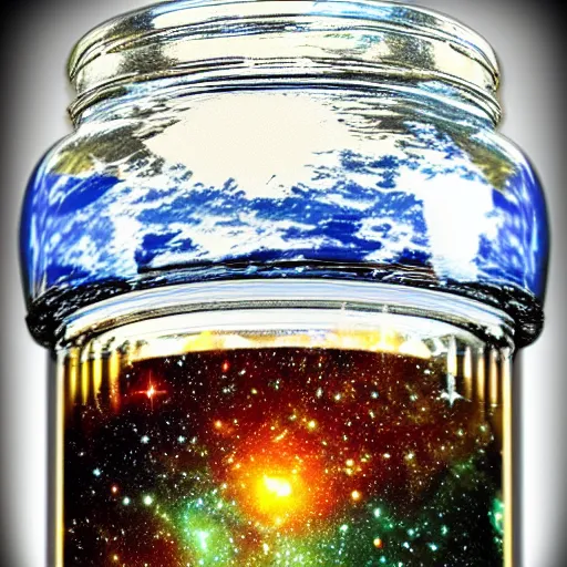 Image similar to the universe in a mason jar, 8 k, hyper realistic, high quality,