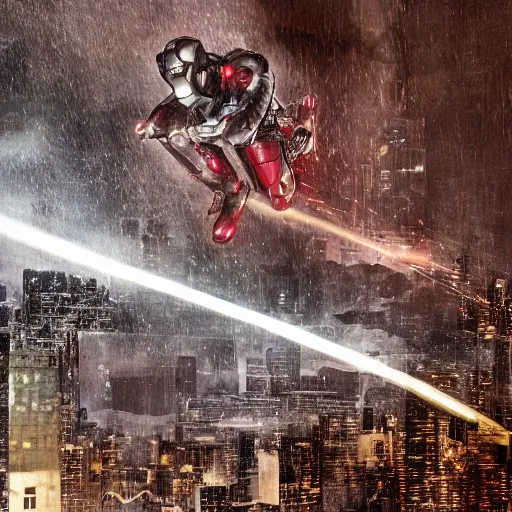 Image similar to A hyperdetailed photograph of a silver suit Iron Man flying through the skies of a cyberpunk, futuristic city, night, dense fog, rain, HD, 8K resolution