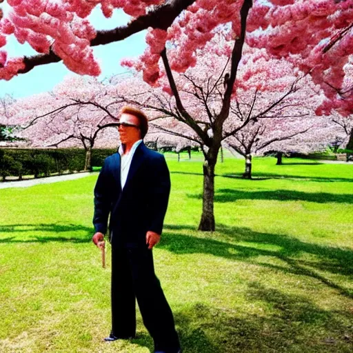 Image similar to photo, arnold schwarzenegger eats watermelon, japanese kimono, high heels, under sakura tree