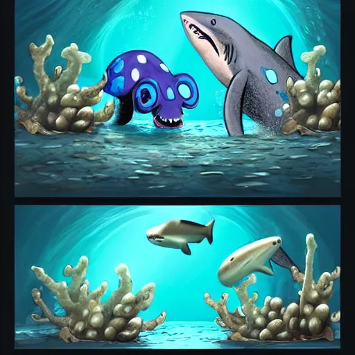 Prompt: an amazing underwater comic of a blue spotted octopus selling snail shells to a shark, trending on artstation cgsociety, award winner, highly detailed, cinematic.