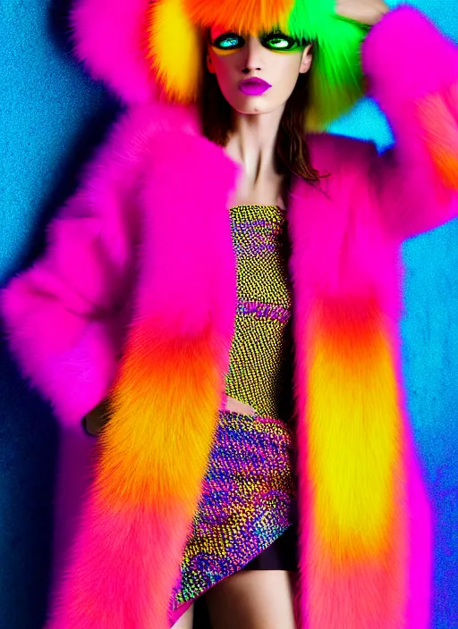 Image similar to coat for a rave, bright colors, many details, prints, photo for a magazine, photo for a store, fashion photography, Vogue, 135 mm, cinematic, hyper realism, high detail, 8k, chrome accents, perfect face