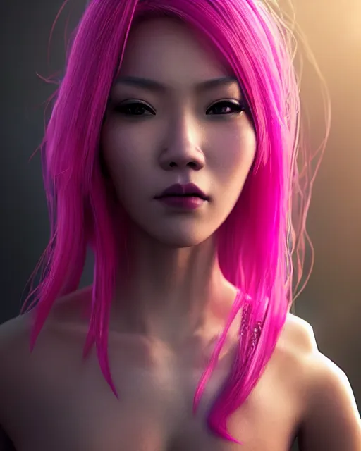 Prompt: portrait of a beautiful thai woman with pink hair as a cyberpunk cyborg half robot, sci - fi, missing panels, intricate abstract upper body intricate artwork, concept art, octane render, deviantart, cinematic, key art, hyperrealism, iridescent accents, portrait photograph, nikon 3 5 mm, photograph by greg rutkowski