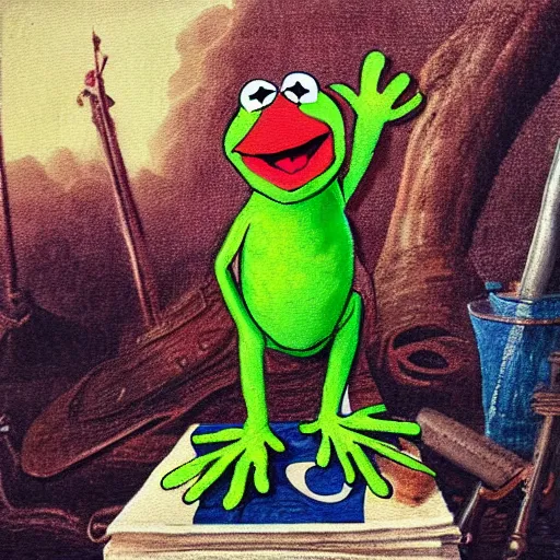 Prompt: “Painting of Kermit the Frog participating in the Revolutionary War, in the style of Don Troiani”