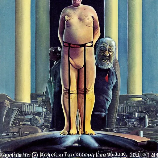 Image similar to full body portrait of actor Kenneth McMillan as baron harkonnen levitating high in the air in dystopian scifi palace, painted by norman rockwell and tom lovell and frank schoonover, dune 1982 movie