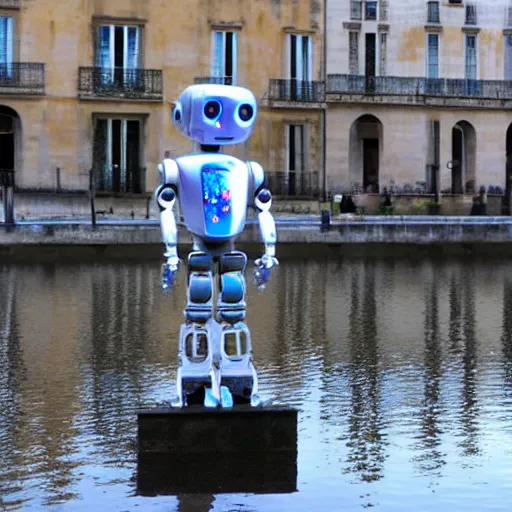 Prompt: a robot standing in the water mirror of bordeaux