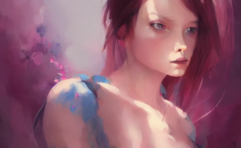 Prompt: a painting of little alice trending on artstation in the style of greg rutkowski, beautiful, female, sensual, natural skin, curvy build, natural sensuality, pink, blue, portrait