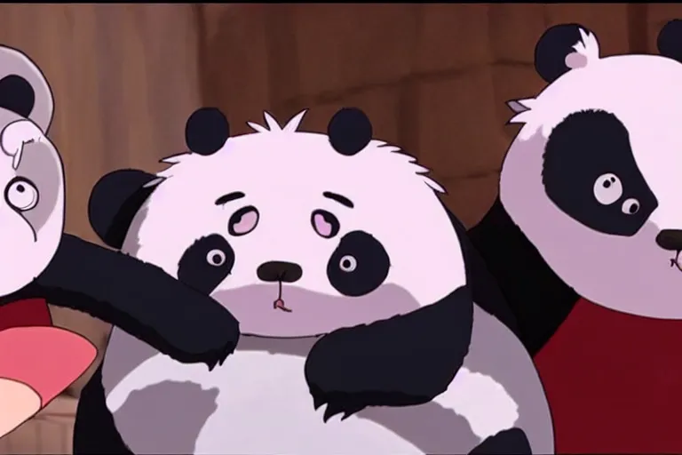 Image similar to studio ghibli anime film ham panda, about a girl and her best panda friend working at a deli, miyazaki movie