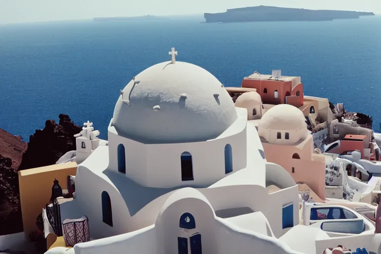 Prompt: spherical island Santorini in space by Wes Anderson in , film, shot on 35 mm