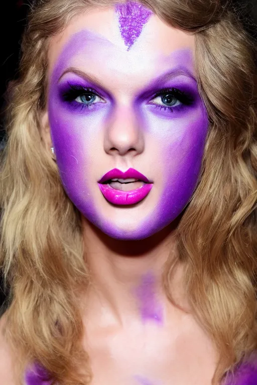 Prompt: purple Taylor Swift with purple face paint, purple body paint, purple dress