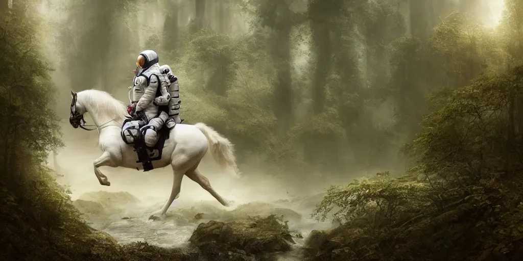 Image similar to an astronaut riding on the back of a white horse through a forest, crossing a river, a detailed matte painting by frieke janssens, featured on cgsociety, fantasy art, matte painting, reimagined by industrial light and magic, matte drawing