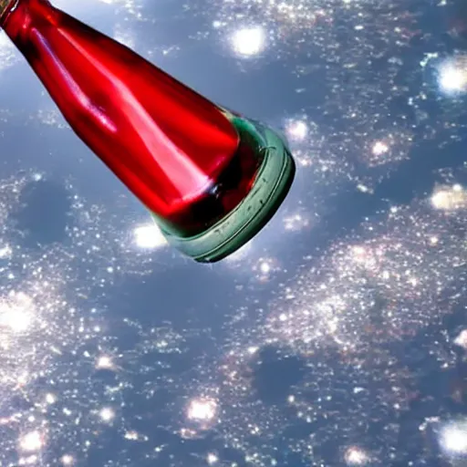 Image similar to Dr. Pepper bottle floating in space, viewed through the window of a spaceship