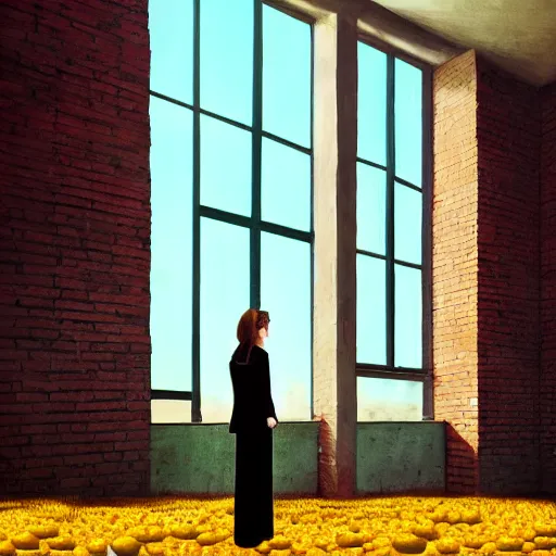 Image similar to giant daisy flower head, woman in suit, standing next to modern window in luxury loft, surreal photography, sunlight, impressionist painting, digital painting, artstation, simon stalenhag