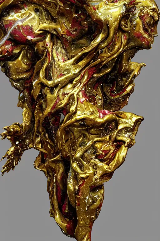 Image similar to realistic 8k digital painting of a stunning intricate cracked multicolored milky marble Evangelion Devil Queen character design Bernini Sculpture. Kintsugi. Gold lining in cracks. by Daytoner, Greg Tocchini, Yoshitaka Amano. sentient mycelium and misty xparticles. Scattered Cherry blossoms Hyperrealism. Subsurface scattering. Octane Render