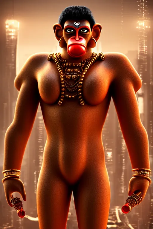 Image similar to high quality 3 d render ultra realistic cyborg hanuman! with gold nose piercings, cyberpunk highly detailed, mumbai in the background, unreal engine cinematic smooth, in the style of blade runner & solaris, hannah yata charlie immer, moody light, low angle, uhd 8 k, sharp focus