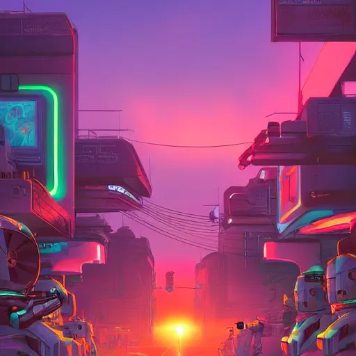 Image similar to beautiful 3 d illustration about a futuristic, dystopian street with droids and robots at sunset. lot of neons. trending on artstation