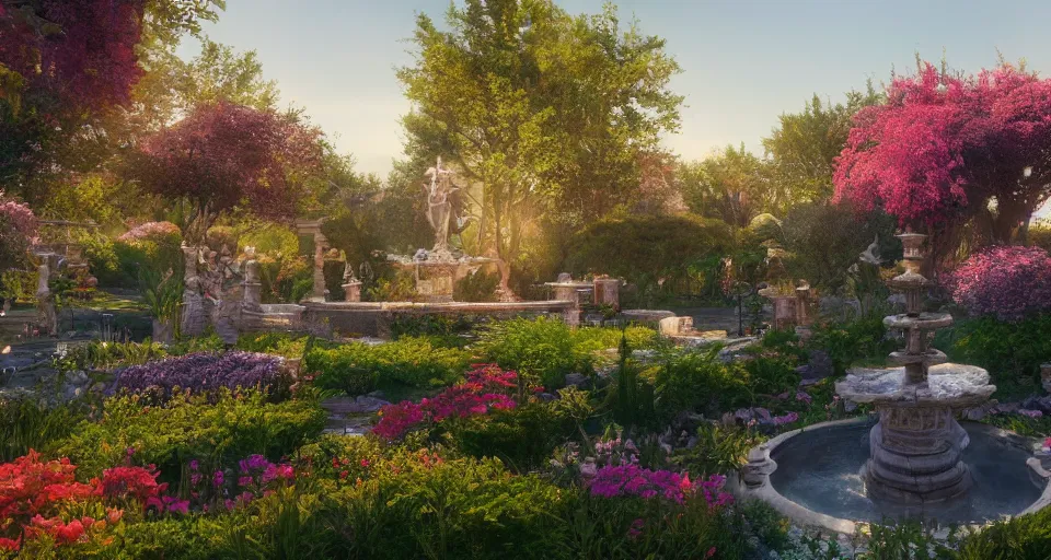 Prompt: Beautiful garden, next to a fountain and a mystical palace, hyperdetailed, artstation, cgsociety, golden hour 8k