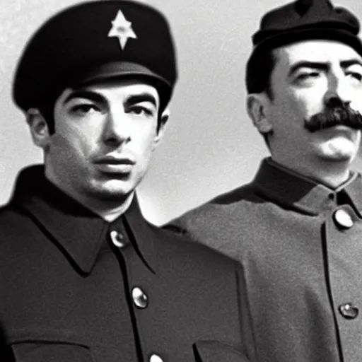 Prompt: Nathan For You, Nathan Fielder, Standing next to Joseph Stalin, Winter coats, somber solemn black and white photo