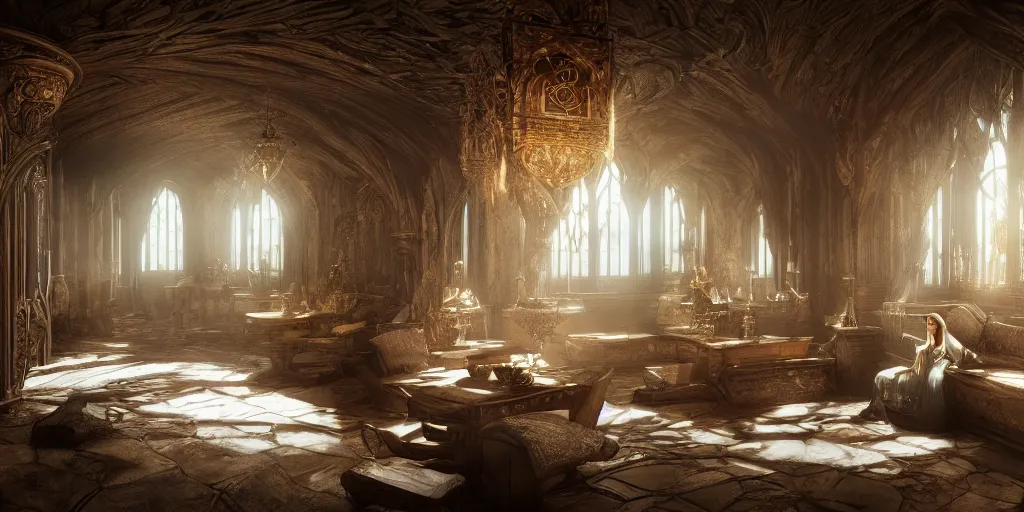 Image similar to elvish interior design, superwide angle, dramatic lighting, photorealistic, cinematic lighting, high detail, cinematic feel, high octane, 4K, Unreal Engine, digital render, intricate, ultra realistic