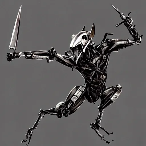 Image similar to A humanoid mosquito wolf, reminiscent of a winged medieval knight black rusty armor. Metal gear solid style.