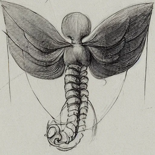 Image similar to leonardo da vinci sketch of a strange worm creature with wings