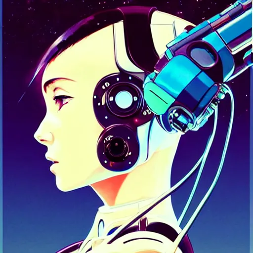 Image similar to side portrait scifi cyborg girl with robotic parts and spacesuit | | head only in center of image, audrey plaza, fine detail!! anime!! realistic shaded lighting!! poster by ilya kuvshinov katsuhiro otomo ghost - in - the - shell, magali villeneuve, artgerm, jeremy lipkin and michael garmash and rob rey