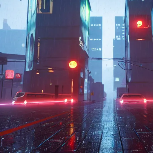 Image similar to A street level view of a raining cyberpunk city, unreal engine, volumetric lighting, 4k