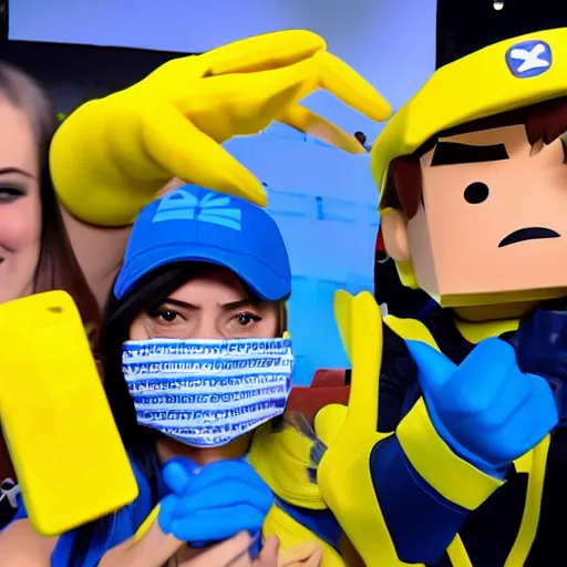roblox grab packs cosplayer with blue and yellow hands, Stable Diffusion